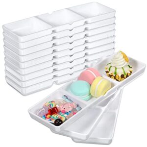 12 pcs small white plastic appetizer serving tray 3 compartment serving dishes reusable stackable sectional serving platter rectangular divided split dish for restaurant kitchen food candy