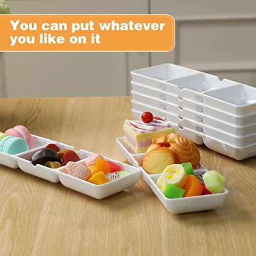 12 Pcs Small White Plastic Appetizer Serving Tray 3 Compartment Serving Dishes Reusable Stackable Sectional Serving Platter Rectangular Divided Split Dish for Restaurant Kitchen Food Candy