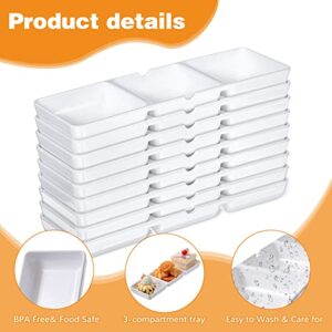 12 Pcs Small White Plastic Appetizer Serving Tray 3 Compartment Serving Dishes Reusable Stackable Sectional Serving Platter Rectangular Divided Split Dish for Restaurant Kitchen Food Candy