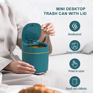 Mini Trash Can with Pop Up Lid Small Wastebasket with 2 Rolls of Trash Bags, Tiny Desktop Waste Garbage Bin for Home, Office, Kitchen, Vanity Tabletop, Bedroom, Bathroom(Blue)
