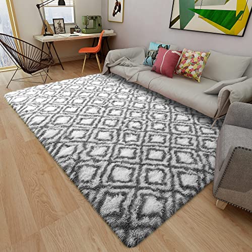 Iplusmall Area Rugs for Living Room Bedroom, 5x8 Feet Modern Shag Rug, Fluffy Large Nursery Rug, Plush Accent Rugs for Girls Kids Room,Baby Nursery Decor,Geometric Rug,Trellis Rug,Floor Rug White