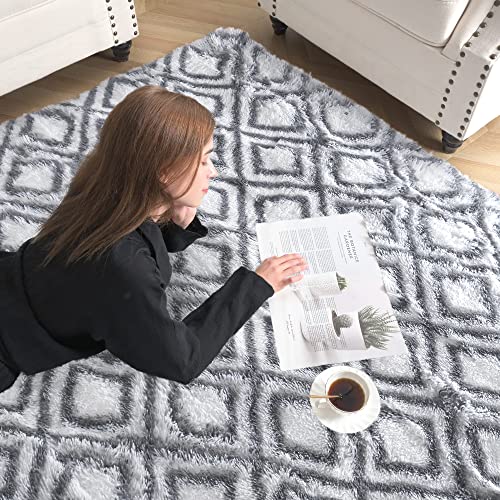 Iplusmall Area Rugs for Living Room Bedroom, 5x8 Feet Modern Shag Rug, Fluffy Large Nursery Rug, Plush Accent Rugs for Girls Kids Room,Baby Nursery Decor,Geometric Rug,Trellis Rug,Floor Rug White