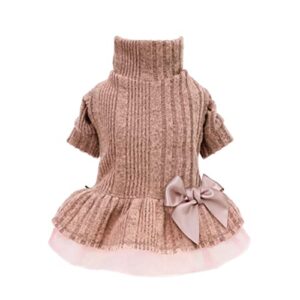 fitwarm knitted dog tulle sweater dress, dog winter clothes for small dogs girl, cat apparel, pink, xs