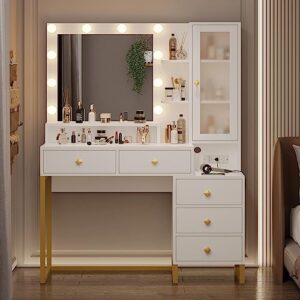 tiptiper large makeup vanity with lights, vanity table with charging station vanity desk with mirror and 10 led light bulbs, makeup table with with 5 drawers, nightstand and storage shelves, white