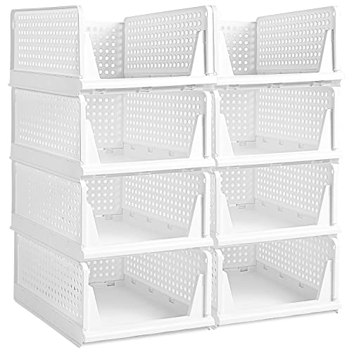 8 Pcs Stackable Storage Drawers Closet Organizers and Storage Foldable Closet Organizers Plastic Folding Box Shelves Collapsible Bin Baskets Container for Wardrobe Bathroom (White)