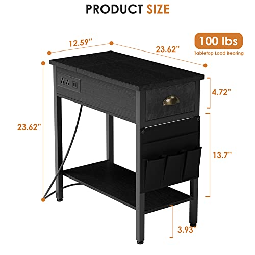 23 " Black End Side Table Living Room with Charging Station,Narrow Couch Table With Storage Drawers/USB Ports/Outlets, Flip Top Bedside Tables Night Stand Furniture for Bedroom Office Small Spaces