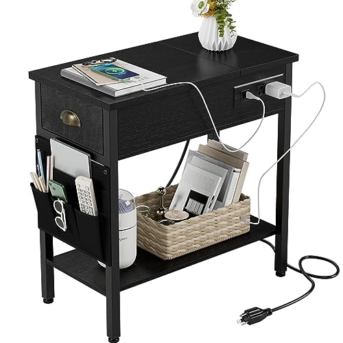 23 " Black End Side Table Living Room with Charging Station,Narrow Couch Table With Storage Drawers/USB Ports/Outlets, Flip Top Bedside Tables Night Stand Furniture for Bedroom Office Small Spaces