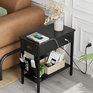 23 " Black End Side Table Living Room with Charging Station,Narrow Couch Table With Storage Drawers/USB Ports/Outlets, Flip Top Bedside Tables Night Stand Furniture for Bedroom Office Small Spaces