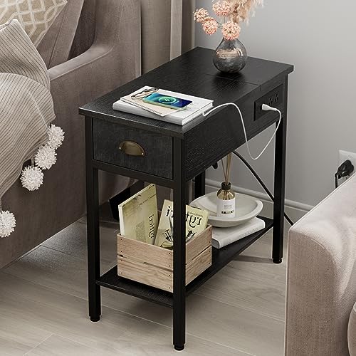 23 " Black End Side Table Living Room with Charging Station,Narrow Couch Table With Storage Drawers/USB Ports/Outlets, Flip Top Bedside Tables Night Stand Furniture for Bedroom Office Small Spaces