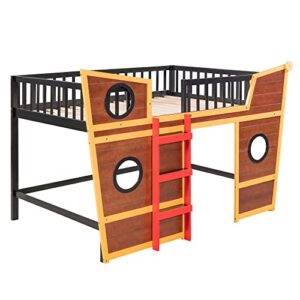 Harper & Bright Designs Full Size Loft Bed with Underbed Storage Space, Boat Shaped Kids Loft Bed with Safety Guardrails and Ladders, Wood Low Loft Bed for Kids Teens Boys & Girls (Full, Walnut)
