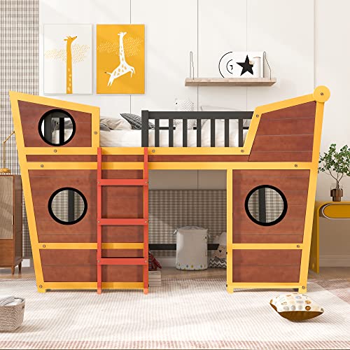 Harper & Bright Designs Full Size Loft Bed with Underbed Storage Space, Boat Shaped Kids Loft Bed with Safety Guardrails and Ladders, Wood Low Loft Bed for Kids Teens Boys & Girls (Full, Walnut)
