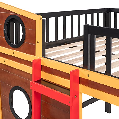 Harper & Bright Designs Full Size Loft Bed with Underbed Storage Space, Boat Shaped Kids Loft Bed with Safety Guardrails and Ladders, Wood Low Loft Bed for Kids Teens Boys & Girls (Full, Walnut)