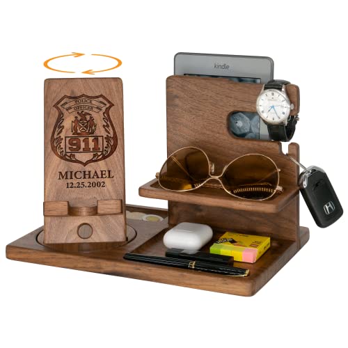 Personalized Engraved Police Officer Graduation Gifts - Custom Wooden Rotating Swivel Stand, Handmade Desk Organizer for Dad, Husband Gift Ideas for Police Academy Grad