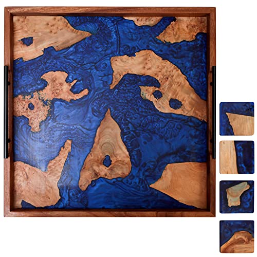 Bighead Epoxy Serving Tray Burl Tray with Epoxy Resin- Large Sized Blue Epoxy Wooden Tray-Ocean Inspired Resin Serving Tray for Home Decor Coffee Tray-with 4 Coaster Set (Blue)