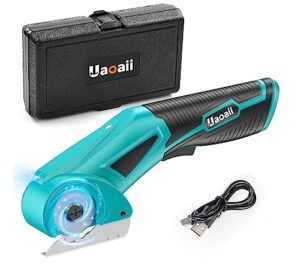 cordless electric scissors upgraded, uaoaii 4v electric cardboard box cutter w/storage case, safety lock & led light, rechargeable fabric cutter power rotary cutters for leather felt, effortless