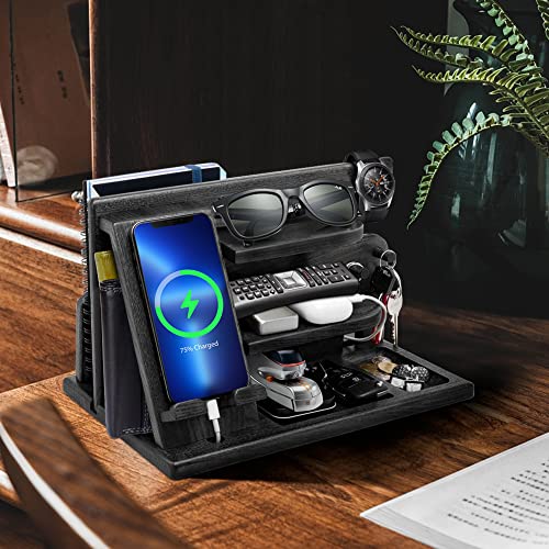 Gifts for Men Wood Phone Docking Station Mens Gifts for Christmas Key Holder Wallet Stand Watch Organizer Men Gift Husband Wife Dad Birthday Gifts for Him Nightstand Organizer Father Male Idea Gadgets