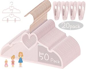 pink heart velvet baby hangers - 50pack 13inch toddler hangers with 20pcs clips, premium velvet strong and durable baby clothes hangers without slipping, ultra slim and stackable space saving