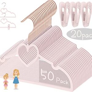 Pink Heart Velvet Baby Hangers - 50pack 13inch Toddler Hangers with 20pcs Clips, Premium Velvet Strong and Durable Baby Clothes Hangers Without Slipping, Ultra Slim and Stackable Space Saving