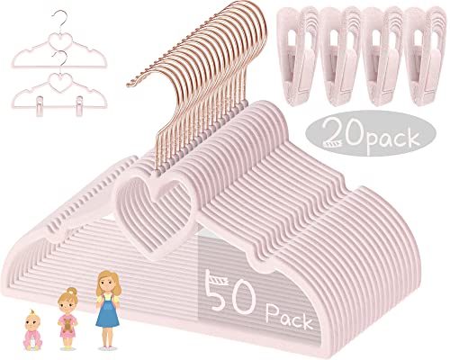 Pink Heart Velvet Baby Hangers - 50pack 13inch Toddler Hangers with 20pcs Clips, Premium Velvet Strong and Durable Baby Clothes Hangers Without Slipping, Ultra Slim and Stackable Space Saving