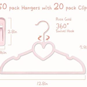 Pink Heart Velvet Baby Hangers - 50pack 13inch Toddler Hangers with 20pcs Clips, Premium Velvet Strong and Durable Baby Clothes Hangers Without Slipping, Ultra Slim and Stackable Space Saving