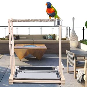wooden perches bird stand large parrot perch playstand with steel tray + 2*food cup, game playing stick frame pet bird training tree toy for pets to play