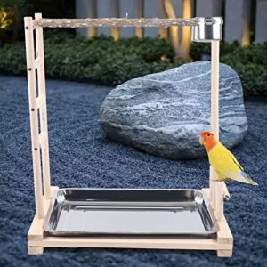 Wooden Perches Bird Stand Large Parrot Perch Playstand with Steel Tray + 2*Food Cup, Game Playing Stick Frame Pet Bird Training Tree Toy for Pets to Play