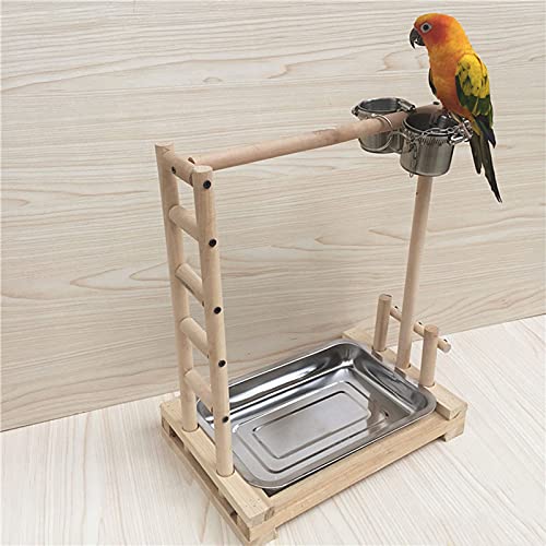 Wooden Perches Bird Stand Large Parrot Perch Playstand with Steel Tray + 2*Food Cup, Game Playing Stick Frame Pet Bird Training Tree Toy for Pets to Play
