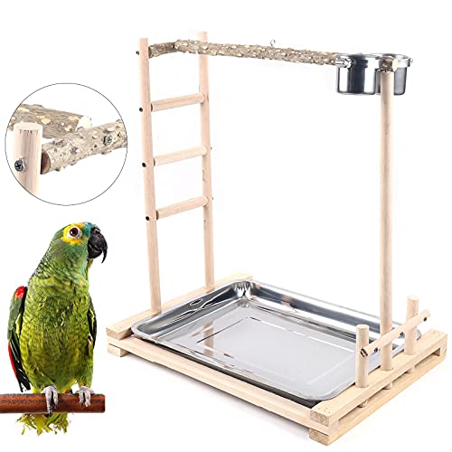 Wooden Perches Bird Stand Large Parrot Perch Playstand with Steel Tray + 2*Food Cup, Game Playing Stick Frame Pet Bird Training Tree Toy for Pets to Play