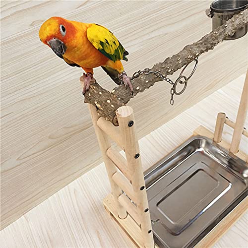 Wooden Perches Bird Stand Large Parrot Perch Playstand with Steel Tray + 2*Food Cup, Game Playing Stick Frame Pet Bird Training Tree Toy for Pets to Play