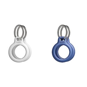 belkin airtag case with key ring, secure holder protective cover for air tag (2 pack) - blue & airtag case with key ring, secure holder protective cover for air tag (2 pack)- white