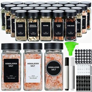 jarxsun 24 glass spice jars with label-4oz spice containers with black lids and shaker lids,3 sets of spice labels 1 collapsible funnel 2 erasable markers (24, black)