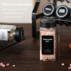 JARXSUN 24 Glass Spice Jars with Label-4oz Spice Containers with Black Lids and Shaker Lids,3 Sets of Spice Labels 1 Collapsible Funnel 2 Erasable Markers (24, Black)