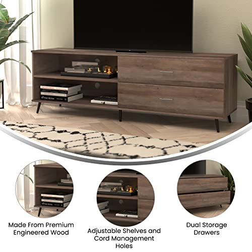 Flash Furniture Nelson Mid Century Modern TV Stand for up to 60" TV's - Walnut Finish - 65" Wide - Adjustable Shelf - 2 Storage Drawers