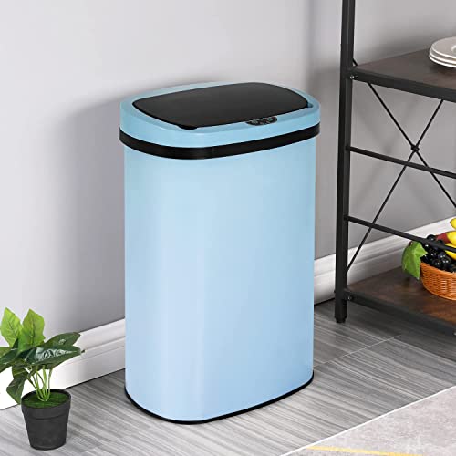 NiamVelo 13 Gallon Kitchen Trash Can Bathroom Trash Can Automatic Sensor Stainless Steel Trash Can Garbage Can with Lid by 4xC Batteries for Kitchen, Bathroom,Rest Room,Office (Blue)