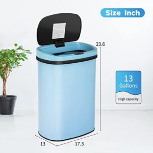 NiamVelo 13 Gallon Kitchen Trash Can Bathroom Trash Can Automatic Sensor Stainless Steel Trash Can Garbage Can with Lid by 4xC Batteries for Kitchen, Bathroom,Rest Room,Office (Blue)