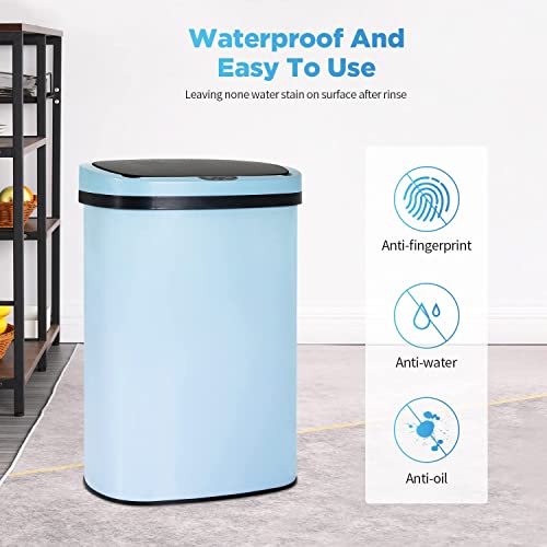 NiamVelo 13 Gallon Kitchen Trash Can Bathroom Trash Can Automatic Sensor Stainless Steel Trash Can Garbage Can with Lid by 4xC Batteries for Kitchen, Bathroom,Rest Room,Office (Blue)