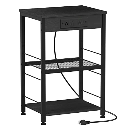 NORCEESAN Nightstand with Charging Station End Table with USB Ports and Power Outlets Side Tables Bedroom with Storage Shelves Industrial End Table 3 Tier (Black)