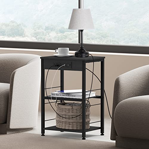 NORCEESAN Nightstand with Charging Station End Table with USB Ports and Power Outlets Side Tables Bedroom with Storage Shelves Industrial End Table 3 Tier (Black)