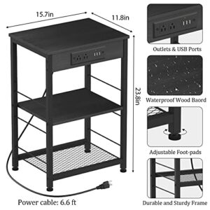 NORCEESAN Nightstand with Charging Station End Table with USB Ports and Power Outlets Side Tables Bedroom with Storage Shelves Industrial End Table 3 Tier (Black)