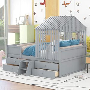 full size wood house bed low loft bed with 4 drawers, playhouse design montessori bed tent bed platform bed frames with safety fence for kids teens girls & boys, strong sturdy slats support (gray-k)