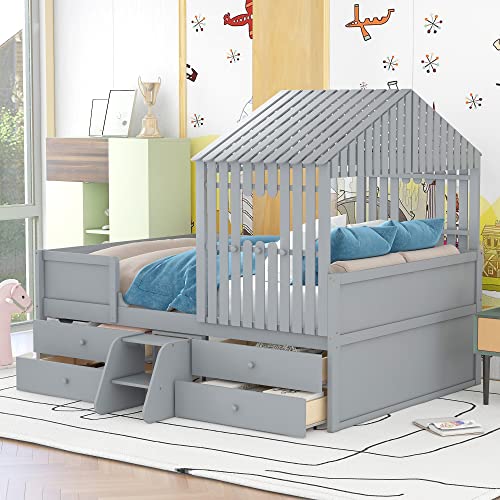 Full Size Wood House Bed Low Loft Bed with 4 Drawers, Playhouse Design Montessori Bed Tent Bed Platform Bed Frames with Safety Fence for Kids Teens Girls & Boys, Strong Sturdy Slats Support (Gray-K)