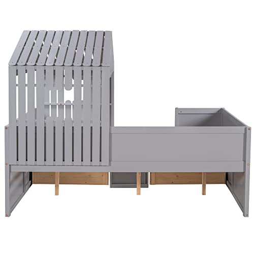 Full Size Wood House Bed Low Loft Bed with 4 Drawers, Playhouse Design Montessori Bed Tent Bed Platform Bed Frames with Safety Fence for Kids Teens Girls & Boys, Strong Sturdy Slats Support (Gray-K)