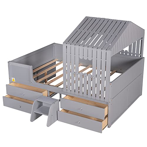 Full Size Wood House Bed Low Loft Bed with 4 Drawers, Playhouse Design Montessori Bed Tent Bed Platform Bed Frames with Safety Fence for Kids Teens Girls & Boys, Strong Sturdy Slats Support (Gray-K)