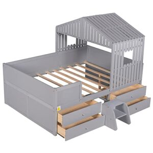 Full Size Wood House Bed Low Loft Bed with 4 Drawers, Playhouse Design Montessori Bed Tent Bed Platform Bed Frames with Safety Fence for Kids Teens Girls & Boys, Strong Sturdy Slats Support (Gray-K)