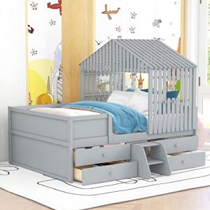 Full Size Wood House Bed Low Loft Bed with 4 Drawers, Playhouse Design Montessori Bed Tent Bed Platform Bed Frames with Safety Fence for Kids Teens Girls & Boys, Strong Sturdy Slats Support (Gray-K)