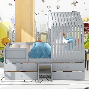 Full Size Wood House Bed Low Loft Bed with 4 Drawers, Playhouse Design Montessori Bed Tent Bed Platform Bed Frames with Safety Fence for Kids Teens Girls & Boys, Strong Sturdy Slats Support (Gray-K)