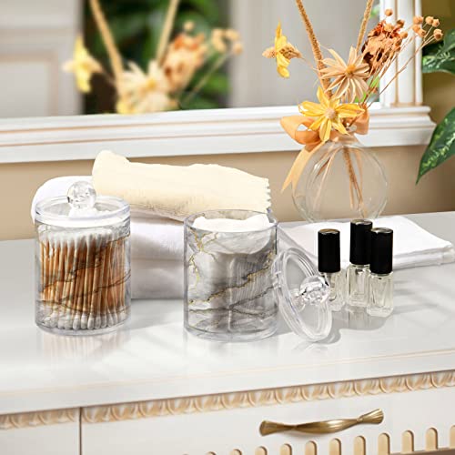 BOENLE 4 Pack Qtip Holder Dispenser White Marble with Gold Veins Bathroom Storage Canister Lid Acrylic Plastic Apothecary Jar Set Vanity Makeup Organizer for Cotton Swab/Ball/Pad/Floss