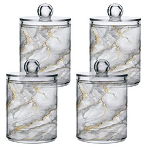 BOENLE 4 Pack Qtip Holder Dispenser White Marble with Gold Veins Bathroom Storage Canister Lid Acrylic Plastic Apothecary Jar Set Vanity Makeup Organizer for Cotton Swab/Ball/Pad/Floss