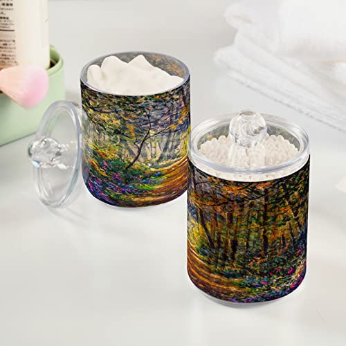 ALAZA 2 Pack Cotton Swab Holder with Lid Oil Painting Purple Flower Road Qtip Cotton Buds Ball Dispenser Bathroom Containers Canister Organizer Storage Jar