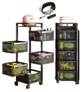 5-tier rotating storage rack, fruit and vegetable cart, fruit basket for kitchen, pantry storage cart, rotating storage rack, rotating storage shelf, fruit rack with wheels + free garlic press mincer